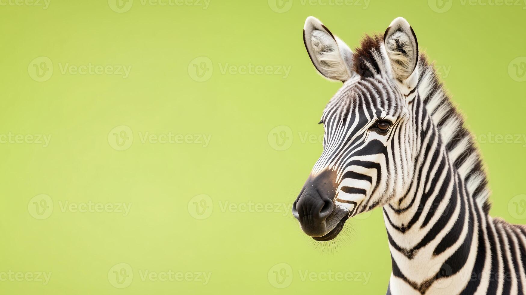 Zebra Standing in Profile Against Light Green Background Highlighting Distinct Black and White Stripes Perfect for Nature and Wildlife Themed Projects and Animal Pattern Studies photo