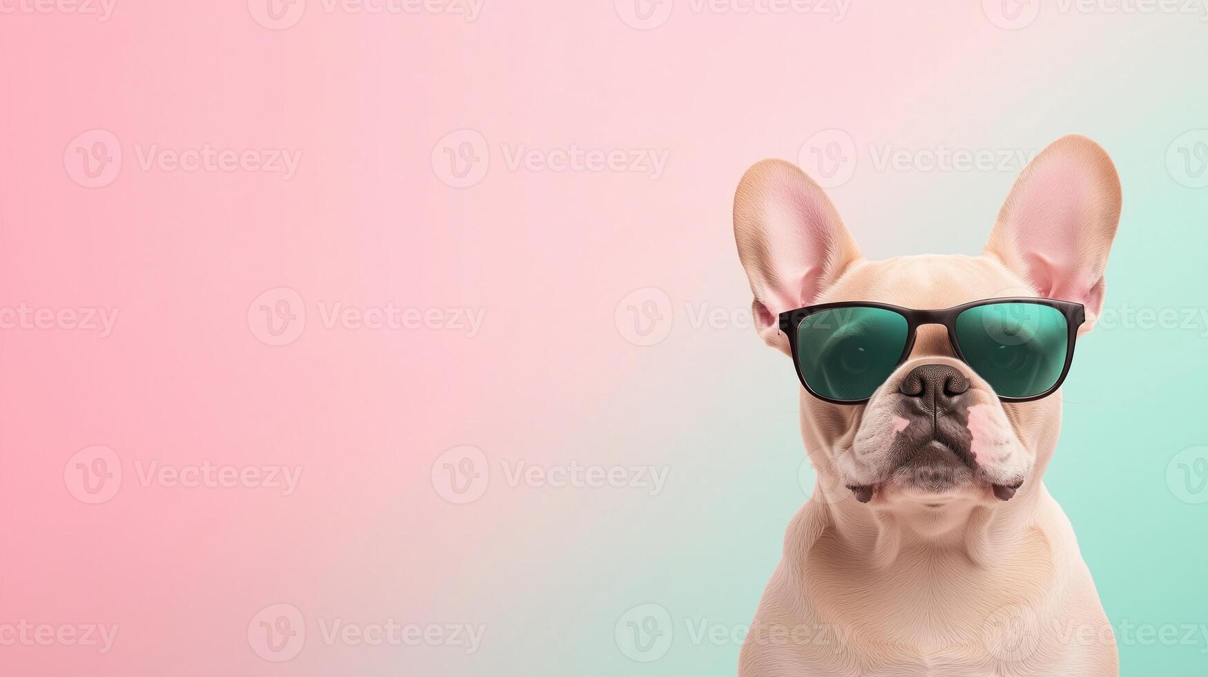 French Bulldog Wearing Sunglasses on Pastel Background with Playful 3D Illustration Style Emphasizing Fun and Summer Vibes, Perfect for Seasonal Design, Kids Decor, and Pet-Themed Projects photo