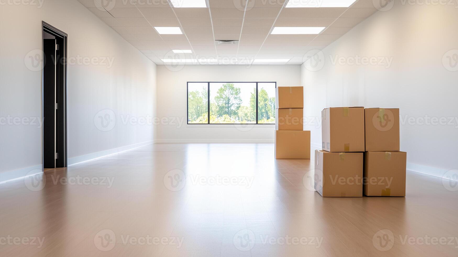 Modern Empty Office Space with Bright Lighting and Moving Boxes for Relocation or Startup Setup in New Building photo