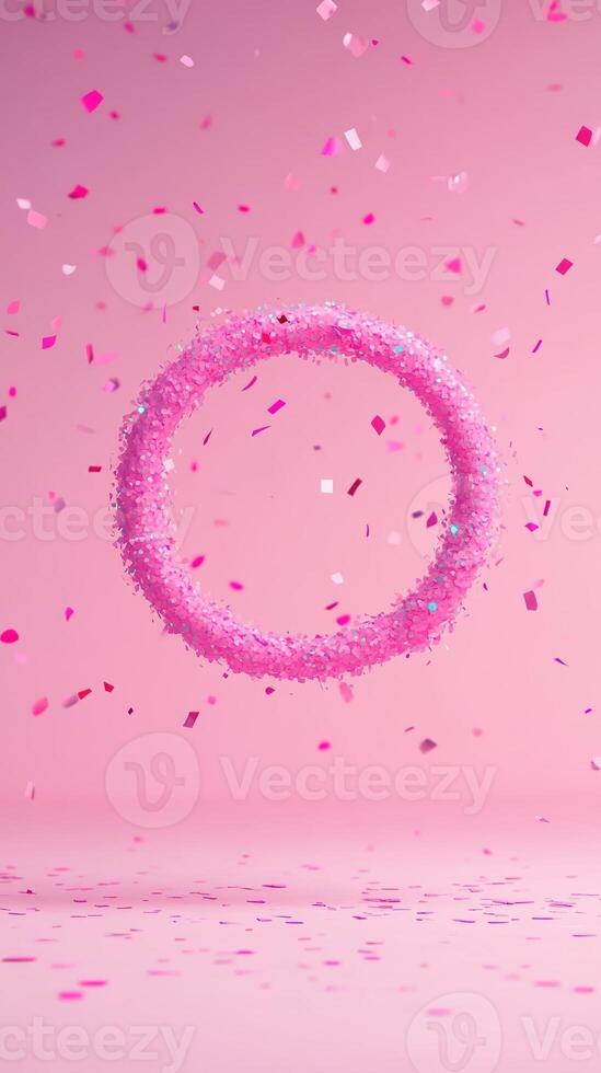 Pink Confetti Celebration Scene With Floating Ring On Soft Background Highlighting Festive And Joyful Elements In Vertical Format For Modern Holiday Or Event-Themed Stock Imagery photo