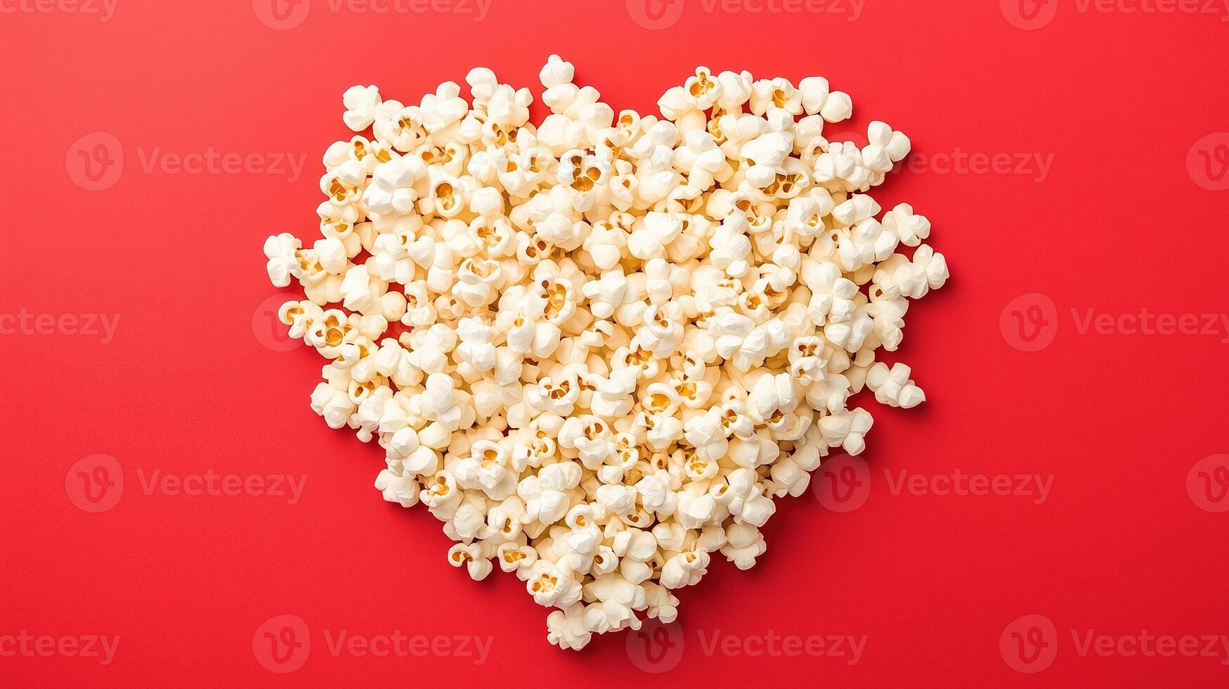 Popcorn Heart Shape on Red Background Symbolizing Love and Romance with Creative Design Emphasis on Valentine Celebration and Snack Aesthetics for Stock Photography and Holiday Concepts photo