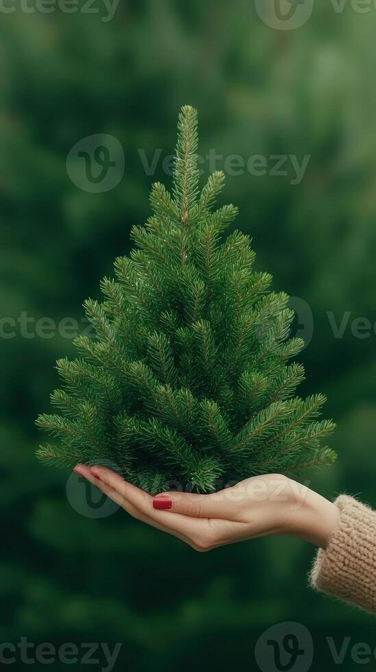 Woman Holding Small Christmas Tree with Red Nails in Lush Greenery Background for Holiday Celebrations and Festive Decorations in Outdoor Forest Setting with Cozy Winter Sweater Style photo