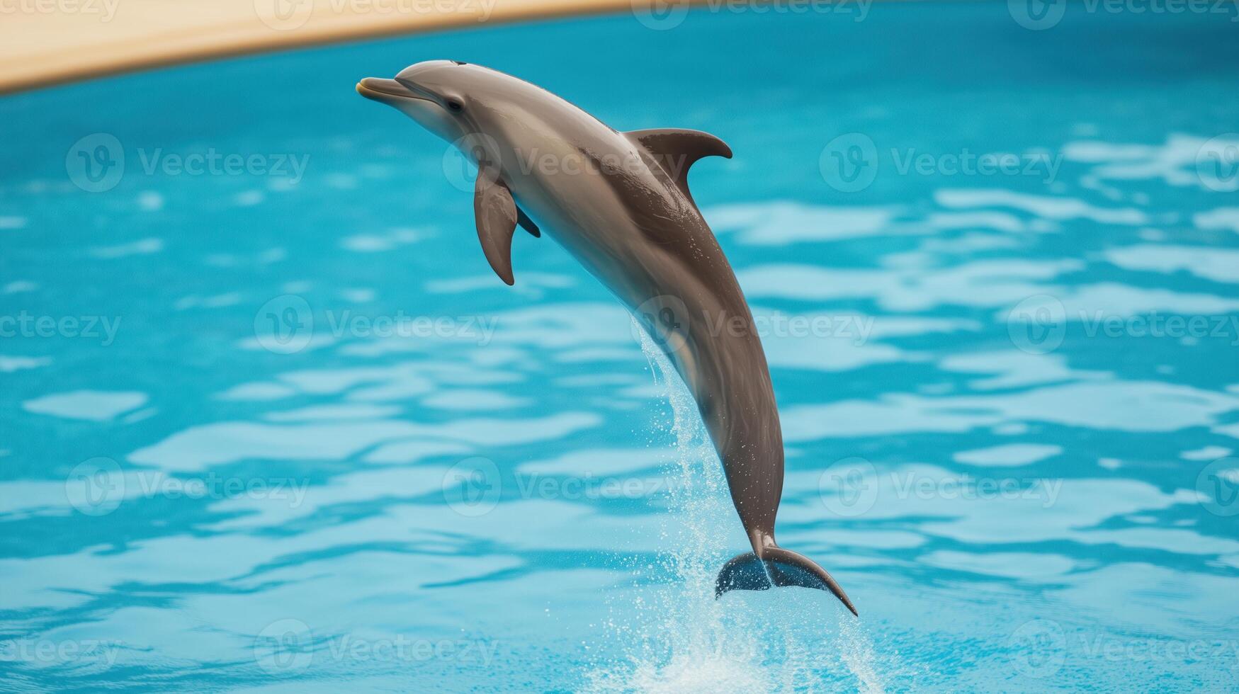 Dolphin Jumping Gracefully Out of Bright Blue Pool Water Creating a Splash Captured in Action Shot Displaying Marine Life Elegance Ideal for Nature and Wildlife Stock Photography Inspiration photo