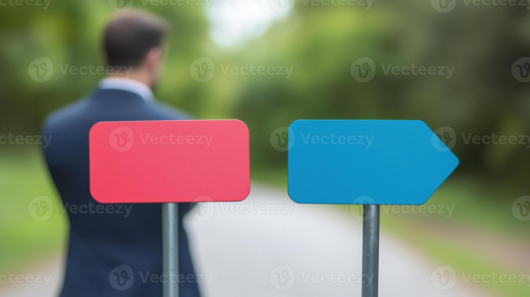 Businessman Contemplating Decision at Fork in Road with Red and Blue Signs in Bold Colors Choice Concept photo