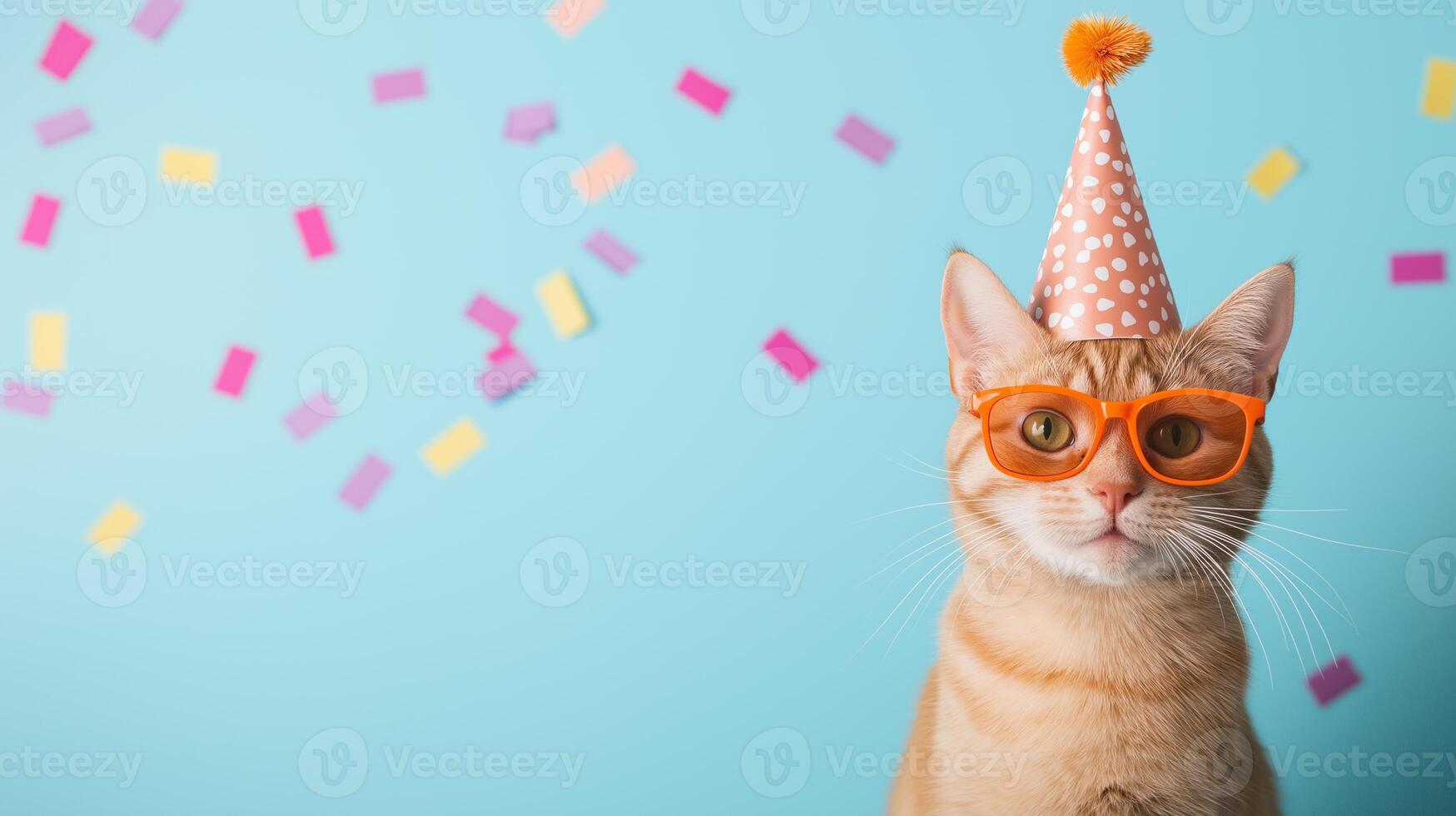 Orange Tabby Cat in Polka Dot Party Hat and Orange Sunglasses on Blue Background with Confetti Celebrating a Festive Occasion photo