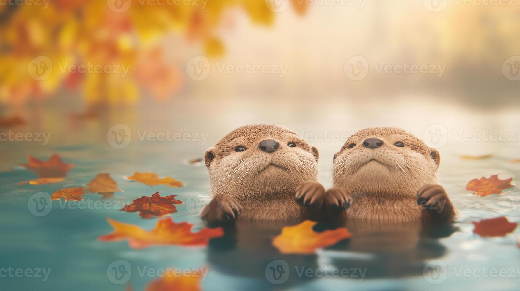 Playful Otters Floating on Their Backs Holding Hands Amidst Autumn Leaves in Serene Water Scene for Seasonal Wildlife Photography photo
