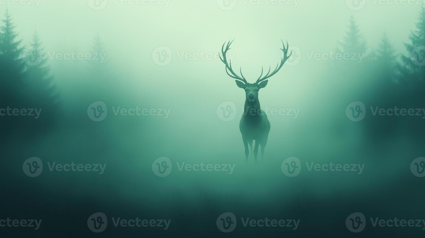 Majestic Stag Standing in Misty Woodland Clearing Illuminated by Soft Green Glow Amid Tall Pine Trees Symbolizing Serenity and Wilderness in Ethereal Nature Scene Ideal for Tranquil Designs photo