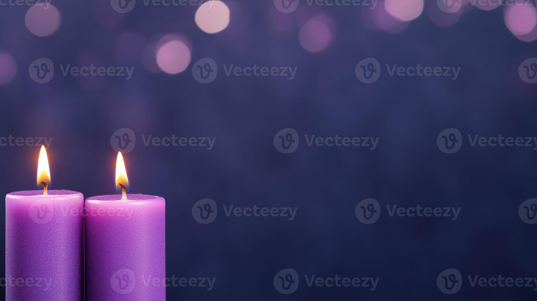 Elegant Purple Scented Candles Illuminating in Blurred Dark Background for Calm and Tranquil Nighttime Ambiance, Highlighting Soothing Aromatherapy and Cozy Interior Decor Trends in Style photo