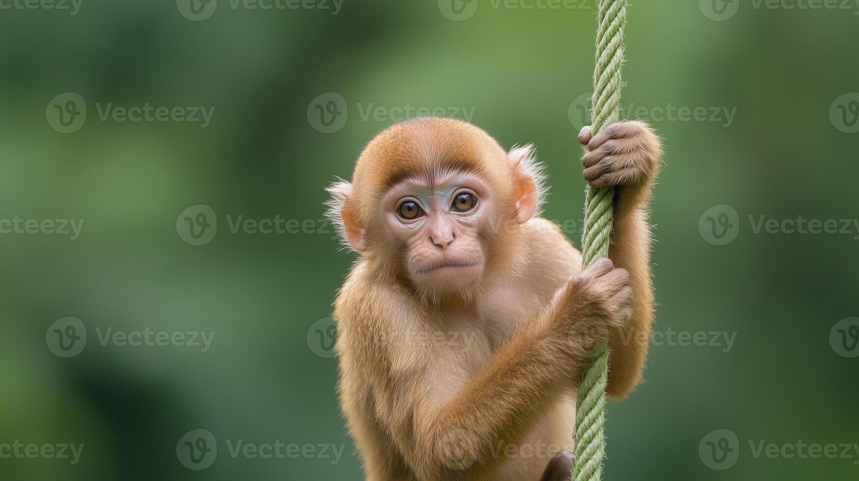 Young Monkey Swinging from a Green Vine in Lush Jungle Setting Captures Playful Nature and Curiosity of Wild Primates photo