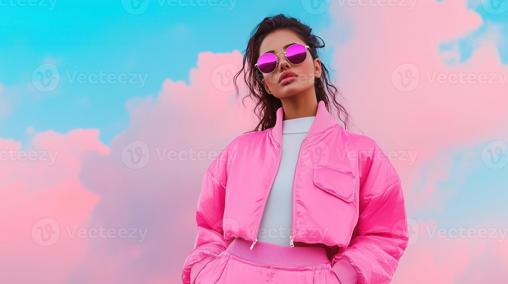 Woman in Holographic Jacket and Pants Posing With Hands in Trendy Pink Outfit Against Cloudy Sky With Sunglasses photo