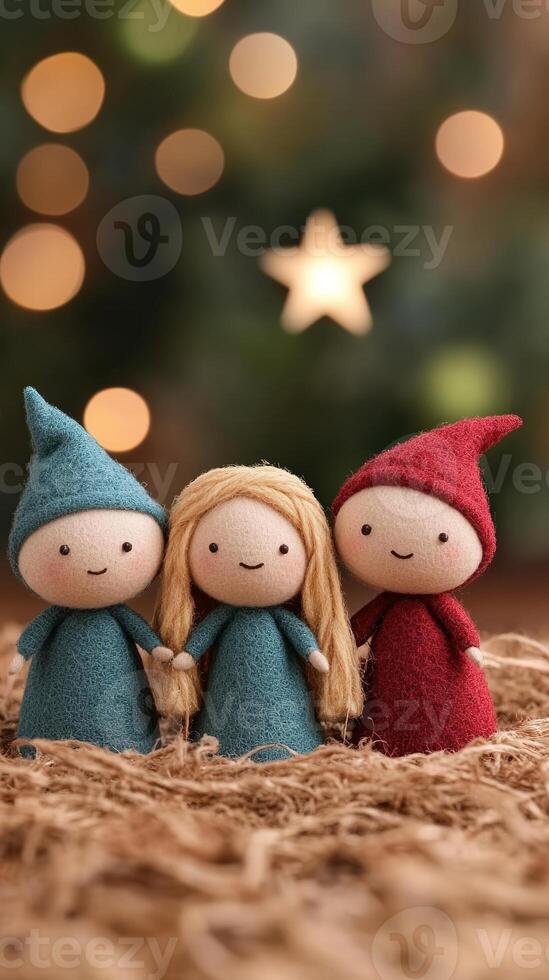 Whimsical Christmas Manger Scene Figures in Festive Setting with Holiday Lights and Bokeh Effect for Vertical Background photo