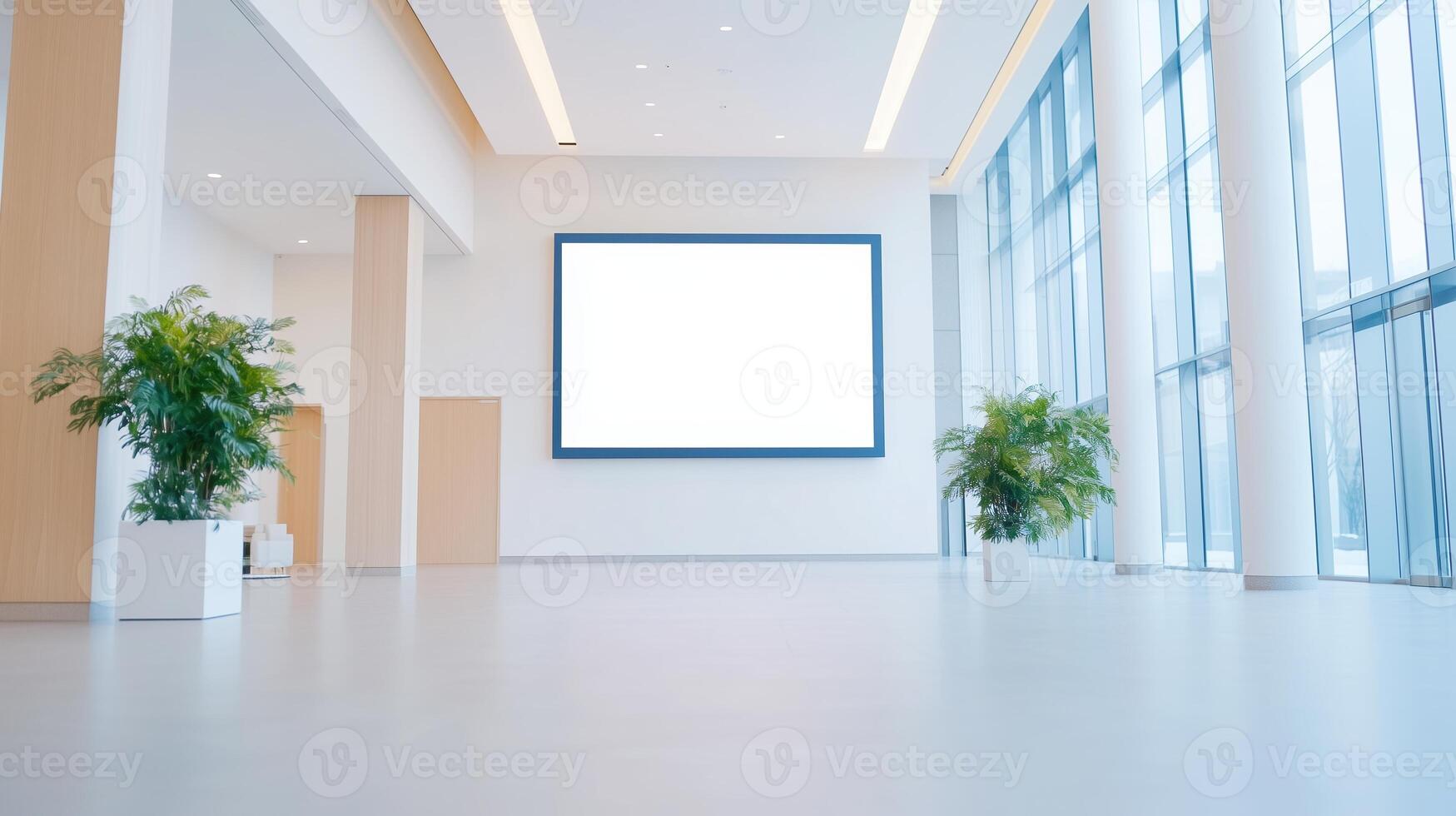 Modern Office Lobby With Large Digital Screen Displaying Minimalist Design Elements and Natural Light Accents for Professional Environments and Corporate Presentations photo