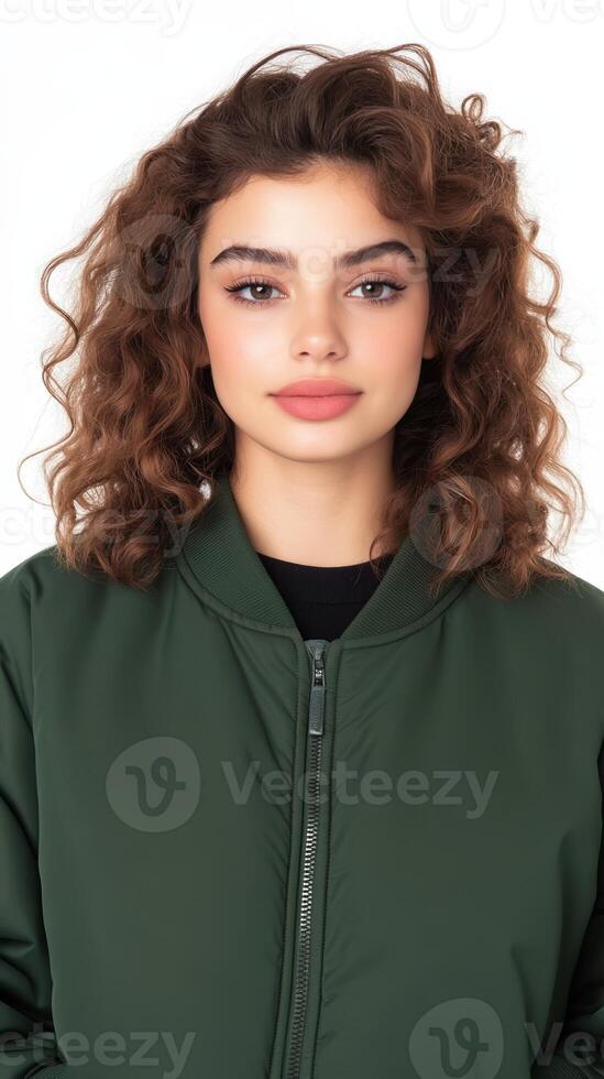 Young Woman in Green Jacket Against White Background With Curly Hair and Confident Expression, Fashion Portrait Focus, Modern Style Reflecting Youthful Confidence and Timeless Elegance photo