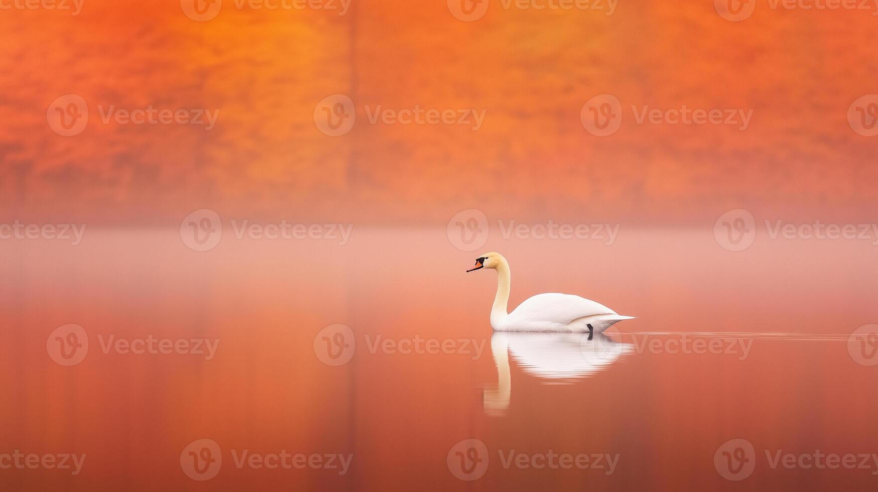 Elegant Swan Gliding Across Calm Water with Stunning Reflection in Serene Autumn Landscape Featuring Vibrant Orange Foliage and Tranquil Atmosphere for Peaceful and Timeless Scene photo