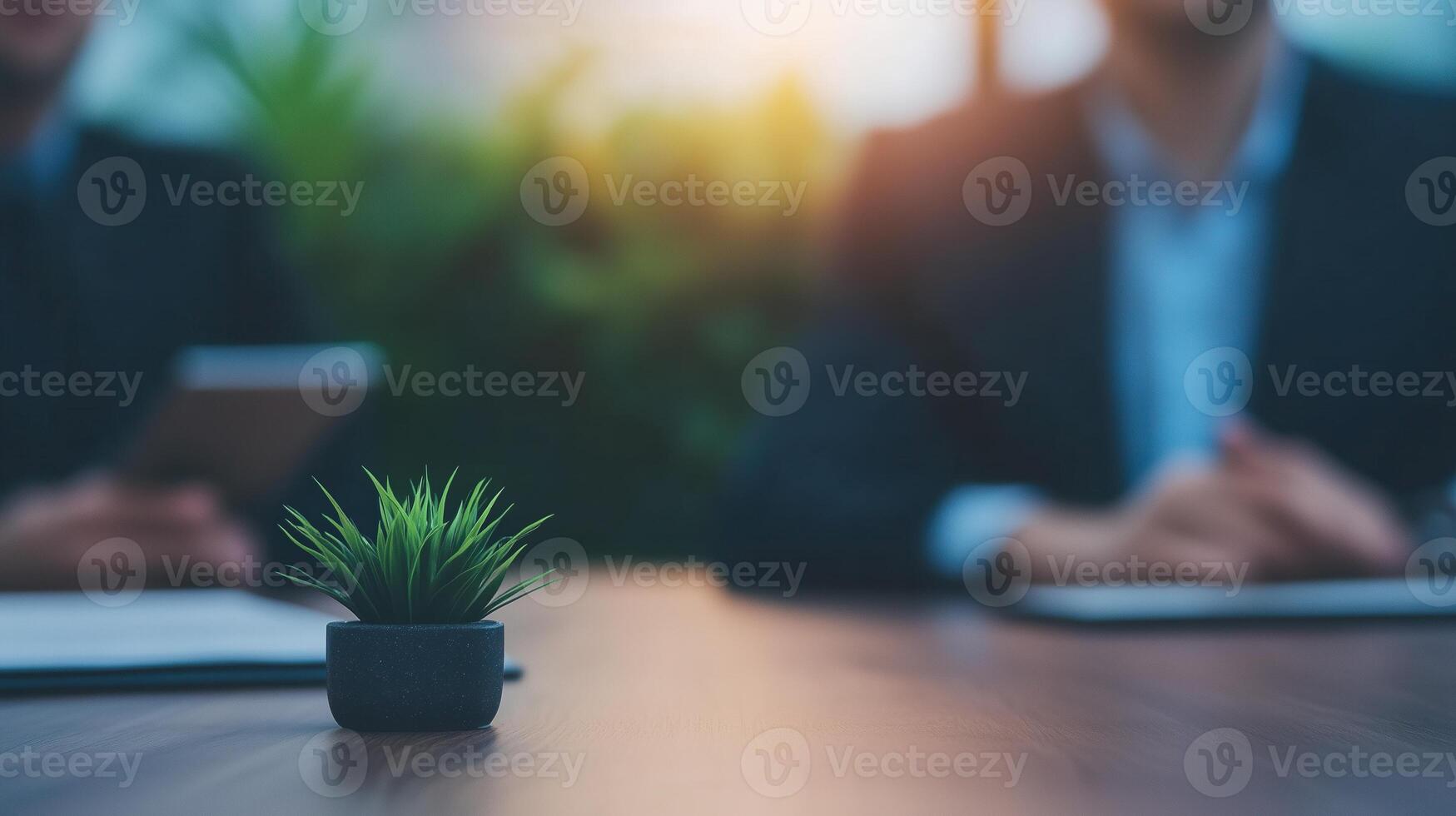 Business Professionals in Formal Meeting Environment with Conference Table Decor and Digital Devices Highlighting Modern Corporate Collaboration and Communication Strategies photo