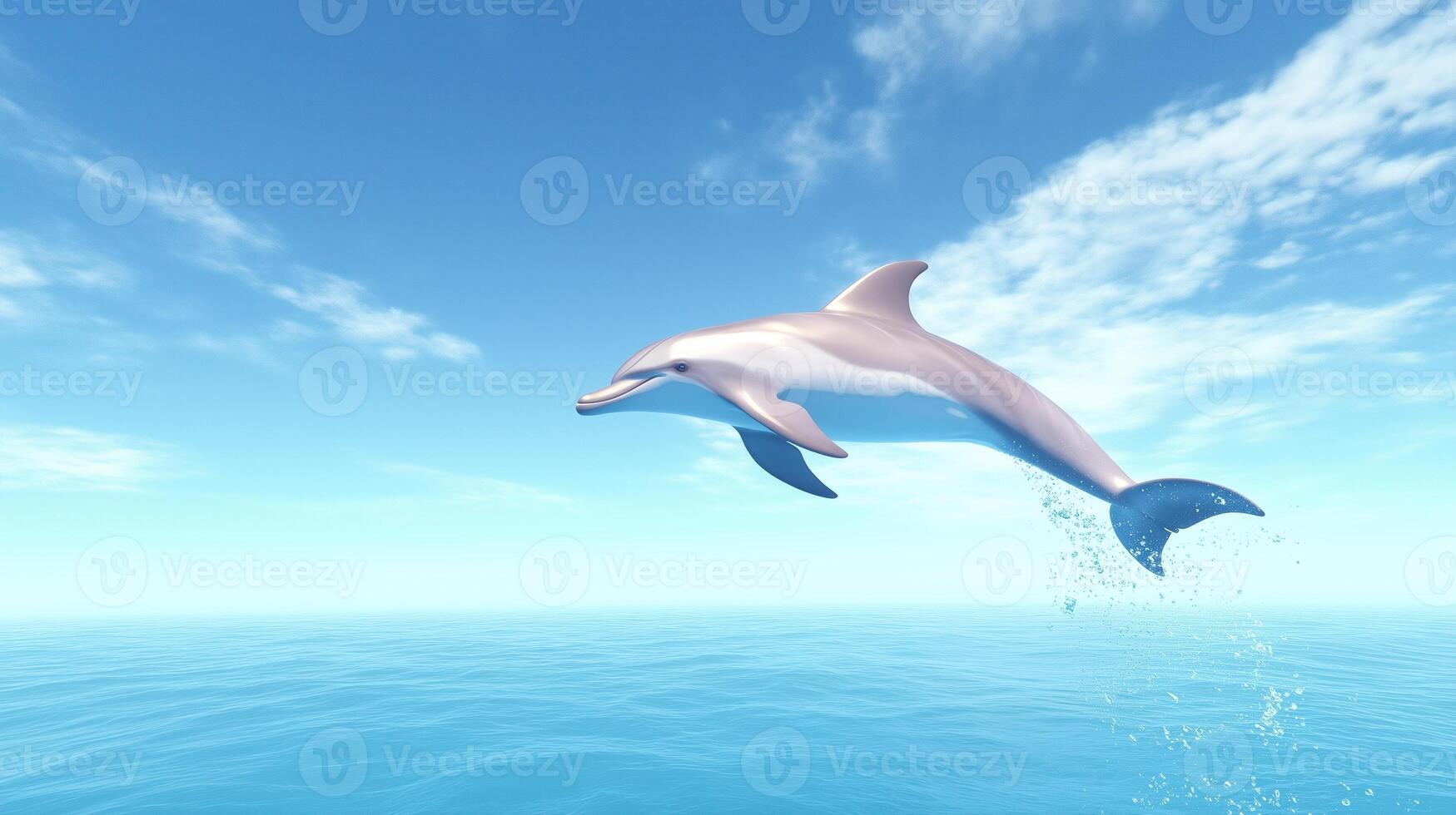Playful Dolphin Leaping Gracefully Out of Crystal Clear Ocean Water Under Bright Blue Sky in Serene Marine Scene Capturing Joy and Freedom in Nature's Beauty photo