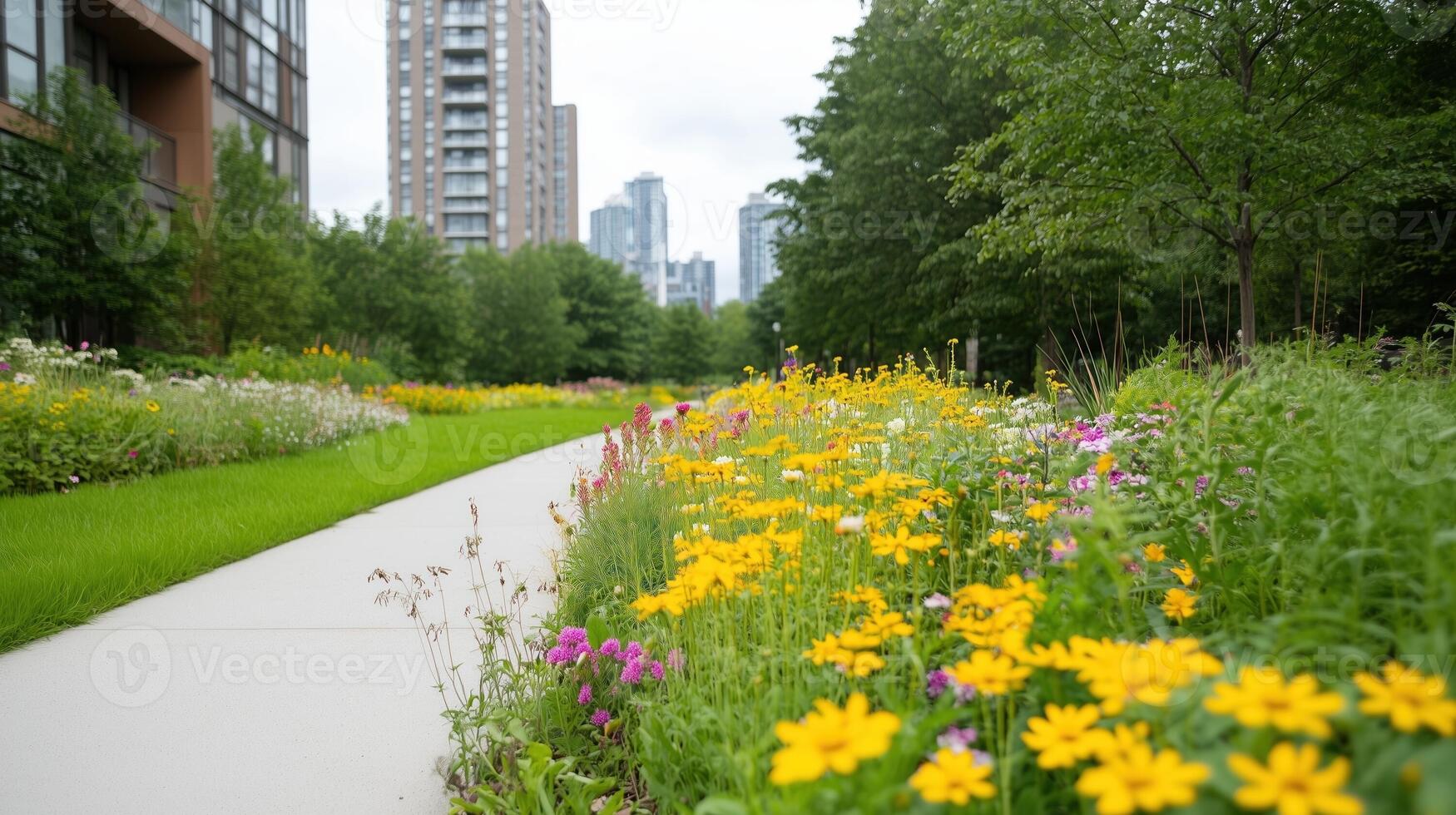 Urban Green Space With Vibrant Wildflowers Along Pathway Amidst Skyscrapers Showcasing Nature And Cityscape Harmony In Summer Landscape Photography photo