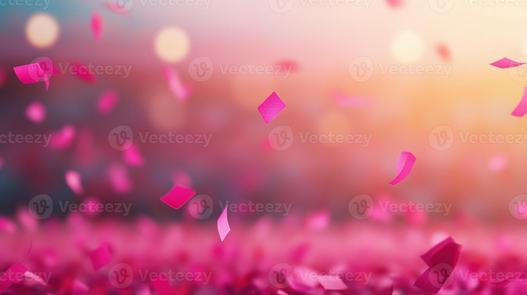 Vibrant Pink Confetti Floating in Celebration Against Soft Sunset Background for Festive Holiday Design and Joyful Party Atmosphere in Bright Colors and Selective Focus photo