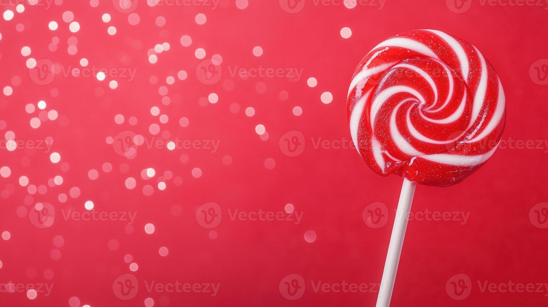 Bright Red Swirl Lollipop on Sparkling Red Background Perfect for Confectionery Advertising and Festive Holiday Celebrations with a Whimsical and Vibrant Style and Isolated Focus photo