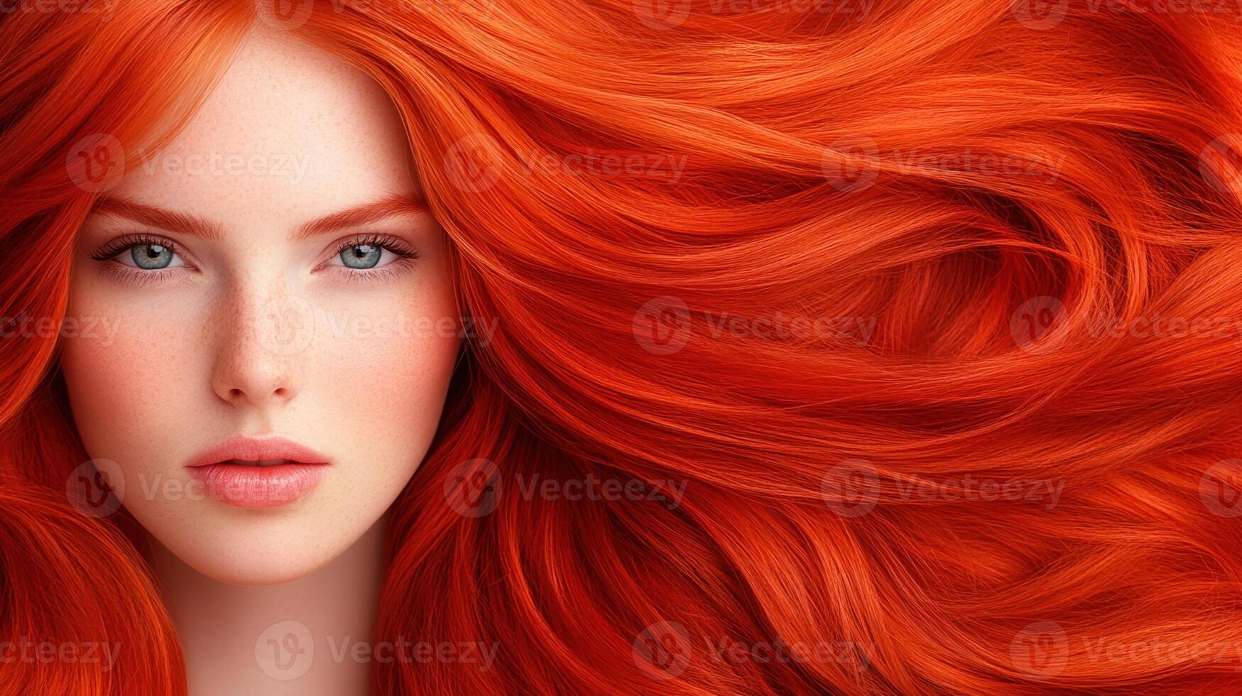Vibrant Redhead with Flowing Hair, Freckles, and Clear Blue Eyes Featuring Striking Expression and Bold Color Contrasts in Modern Stock Photography for Beauty and Haircare Concepts photo