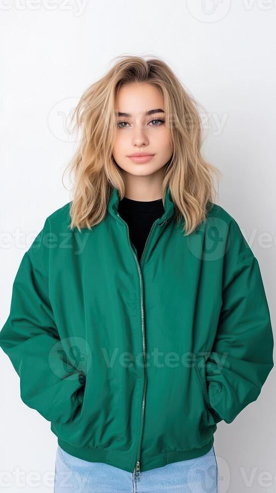 Woman in Green Jacket Standing Against White Background with Casual Style and Modern Fashion Appeal 2023 Portrait Adult Female Clothing Blonde Hair Youthful Expression photo