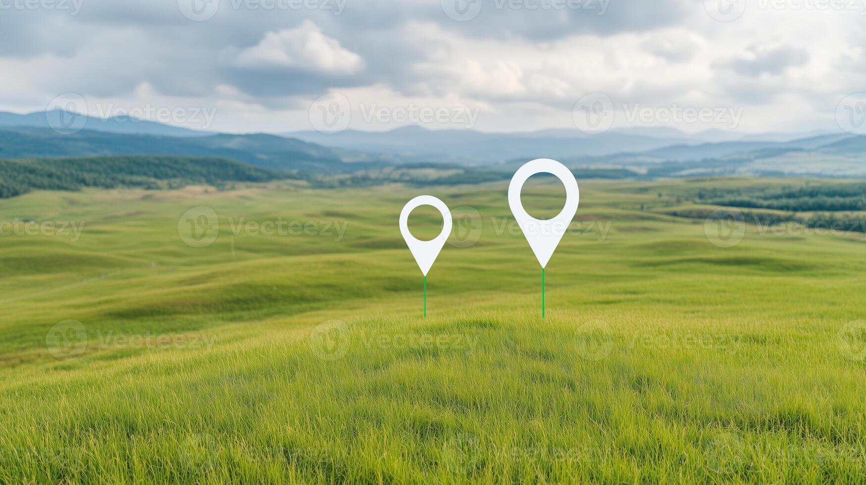 Aerial View of Lush Green Landscape with Location Markers Under Cloudy Sky Representing Connectivity Across Rolling Hills and Vast Grassland for Network Technology Concepts photo