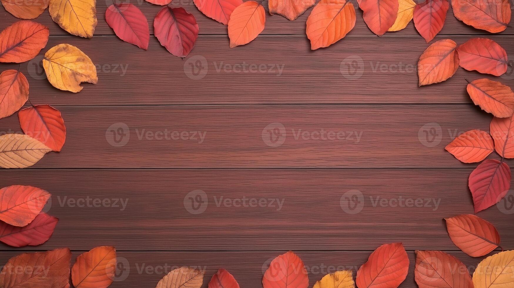 Autumn Leaves in Rich Reds Oranges and Yellows Scattered on Wood Background for Seasonal Design and Thanksgiving Decor with Copy Space Frame photo