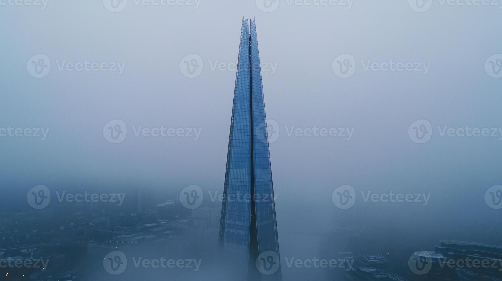 Aerial View of The Shard Tower in Foggy London Cityscape Featuring Iconic Architecture and Overcast Skyline photo