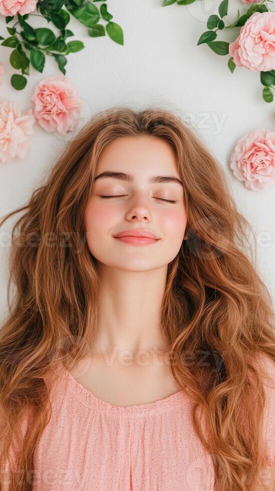 Relaxed Woman Enjoying Shoulder Massage in Luxury Spa Setting with Pink Flowers and Soft Lighting for Wellness and Relaxation photo