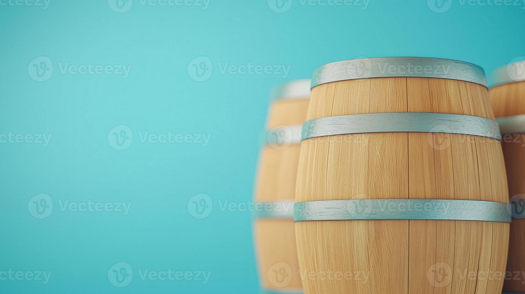 Wooden Wine Barrels Against Bright Blue Background Symbolizing Fermentation Aging and Artisan Craftsmanship in Cellar Storage with Rustic Vibe for Winery Promotion and Beverage Advertising photo
