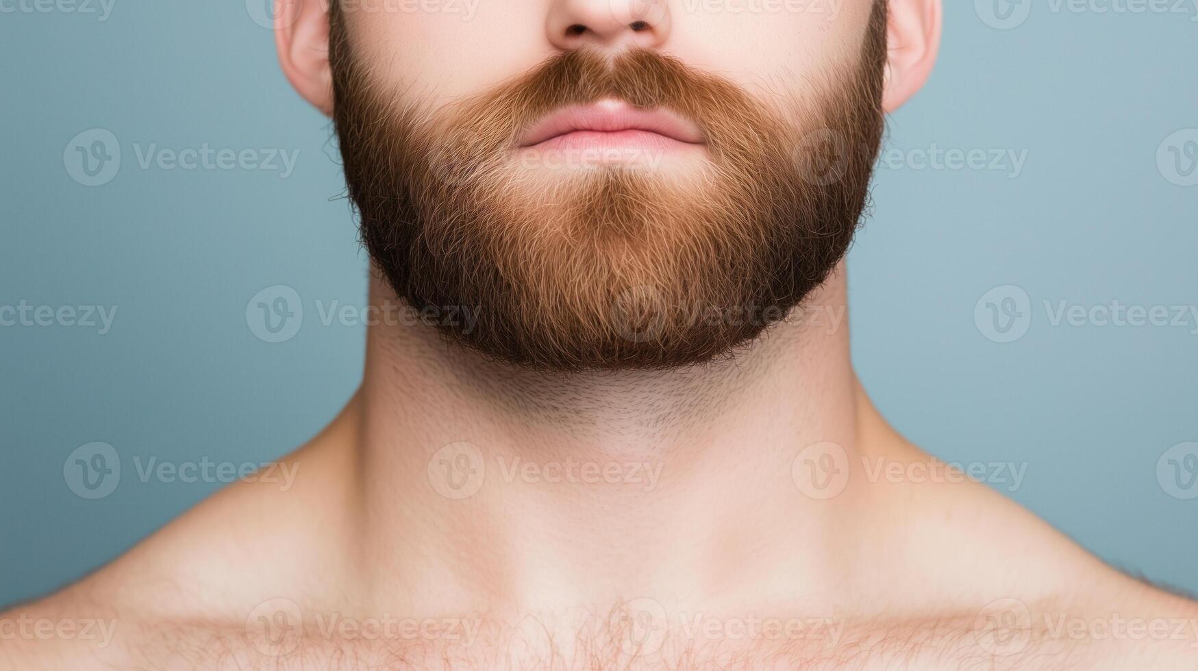 Close-Up Portrait of a Young Man with Full Beard Against Blue Background Emphasizing Grooming and Style Concept for Modern Masculinity in Stock Photography with Emphasis on Details and Texture photo