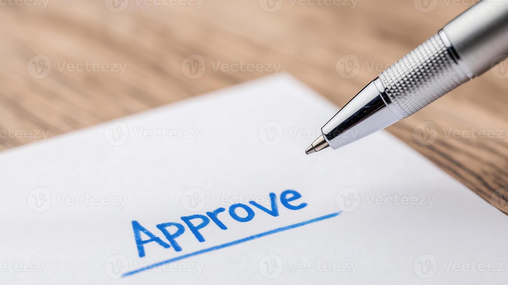 Pen Writing Approve on White Paper Close Up with Wooden Background Highlighting Agreement Concept and Approval Process for Office Business Design and Documentation in Blue Ink photo