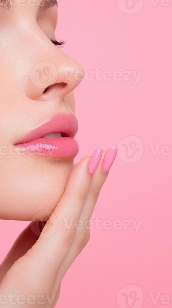 Beautiful Woman with Perfect Skin and Pink Lips Close-Up Vertical Portrait on Pink Background photo