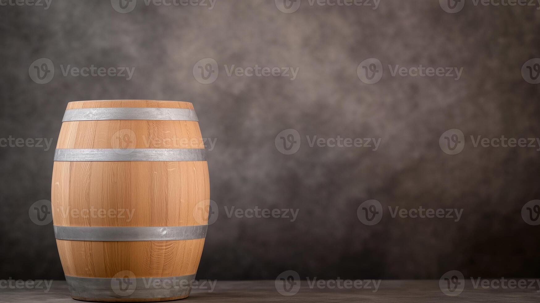 Rustic Wooden Wine or Cognac Oak Barrel in a Cool Moody Cellar with Gray Stone Wall Background Symbolizing Traditional Beverage Storage and Craftsmanship photo