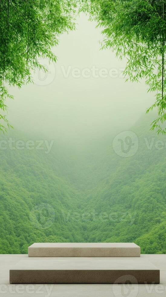 Minimalist Concrete Platform Overlooking Lush Green Valley with Bamboo Leaves Framing the Scene in Serene and Tranquil Atmosphere for Zen Meditation and Yoga Retreat Design photo