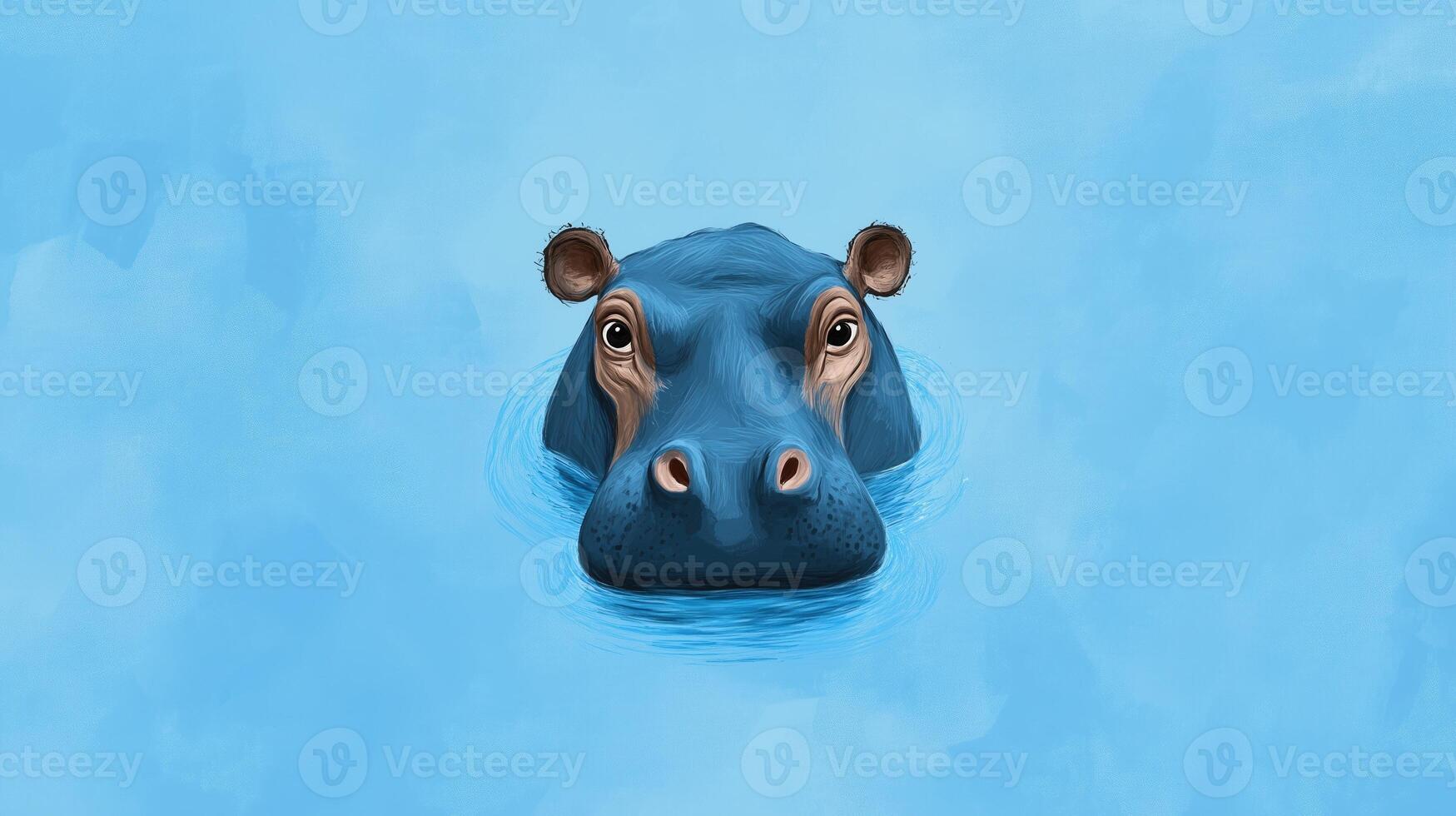 Hippopotamus Submerged in Water With Eyes and Ears Visible on Light Blue Background for Nature Photography and Wildlife Art Illustration photo
