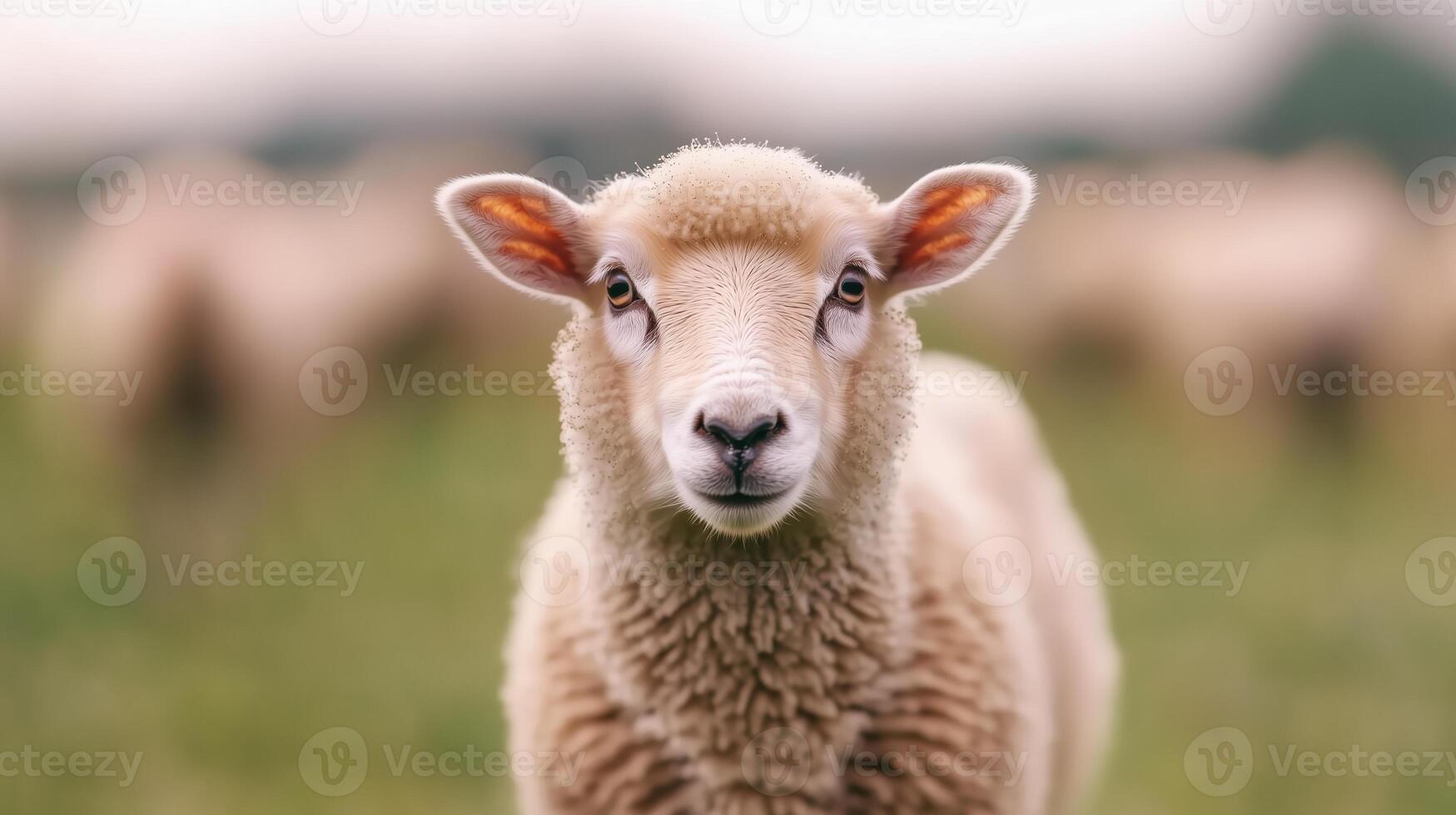 Close-Up of a Curious Sheep in a Green Pasture, Soft Focus Background, Farm Animal Portrait, Fluffy Sheep Face, Gentle Livestock, Rural Scene, Peaceful Countryside, Nature Photography photo