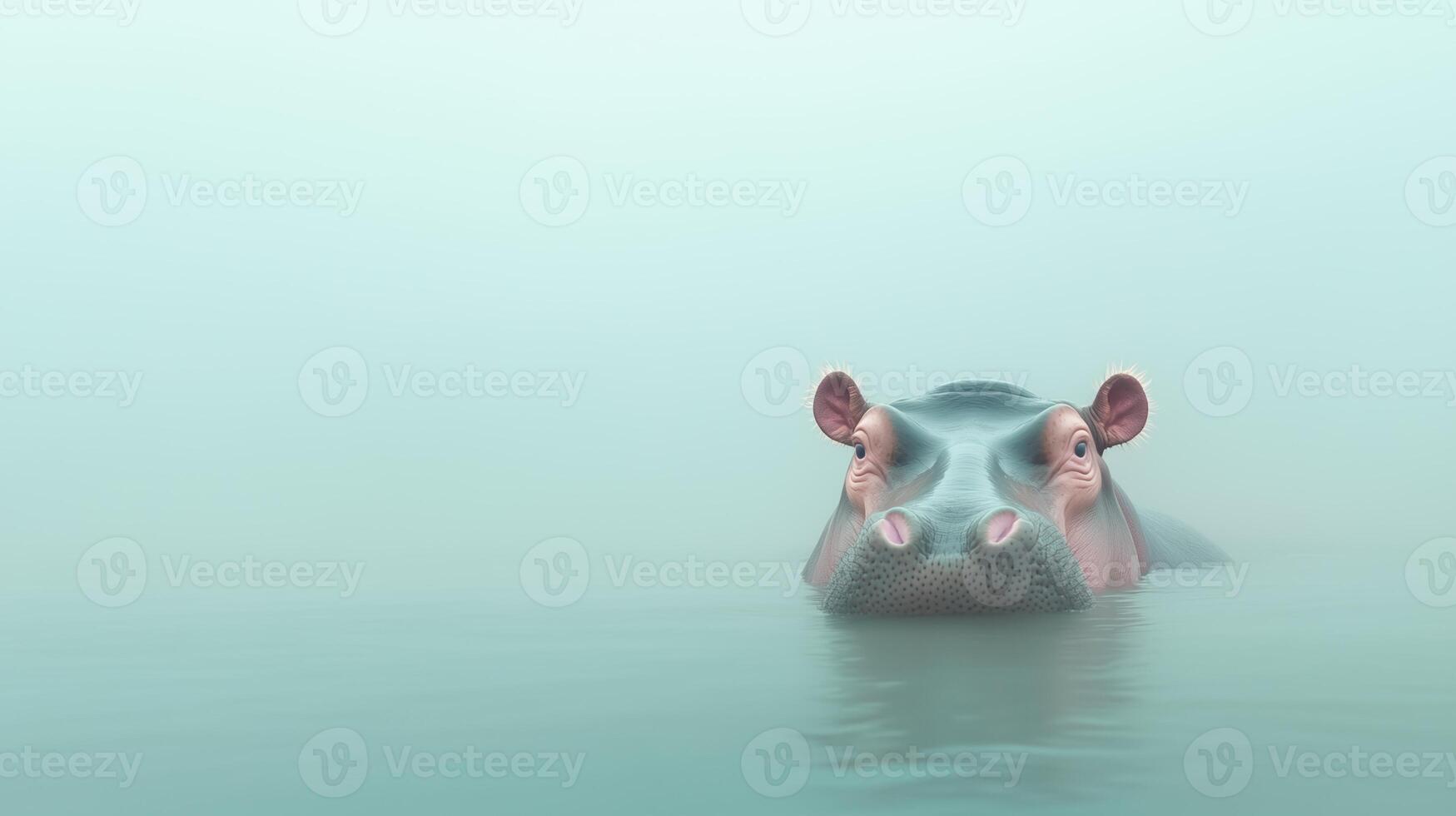 Hippo Submerged in Misty Water with Only Eyes and Ears Visible, Calm Tranquil Scene, Minimalist Wildlife Photography, Soft Pastel Tones, Surreal Nature Aesthetic, Peaceful Aquatic Habitat photo