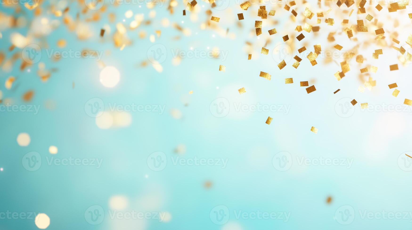 Gold Confetti Floating Down on Light Blue Background for Celebration and Festive Holiday Event Design photo