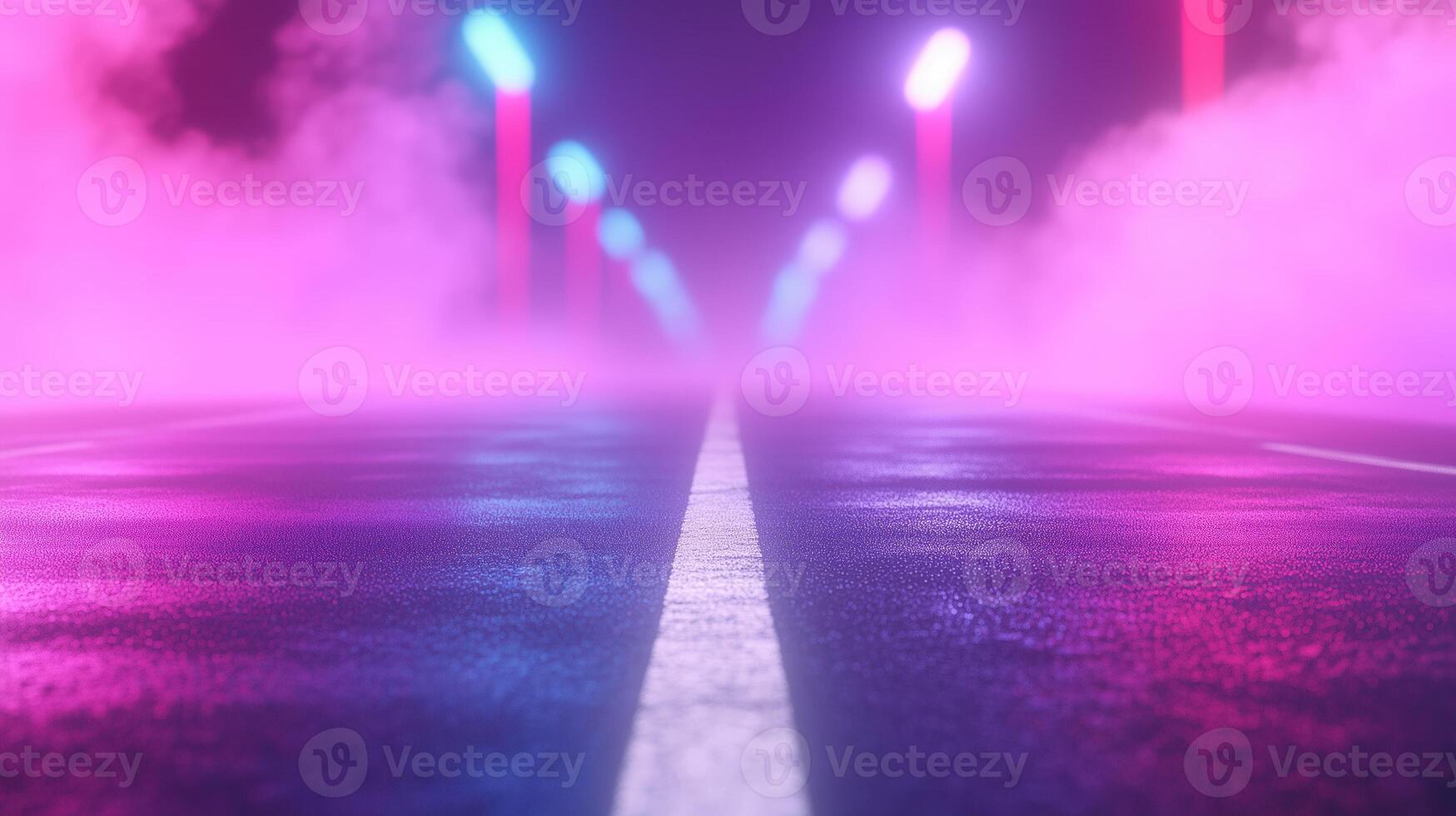 Neon Lights Reflecting on Wet Asphalt Road with Vivid Pink and Blue Fog Mist in Futuristic Urban Night Scene, Abstract 3D Rendering of Surreal Street with Symmetrical Vapor Columns photo