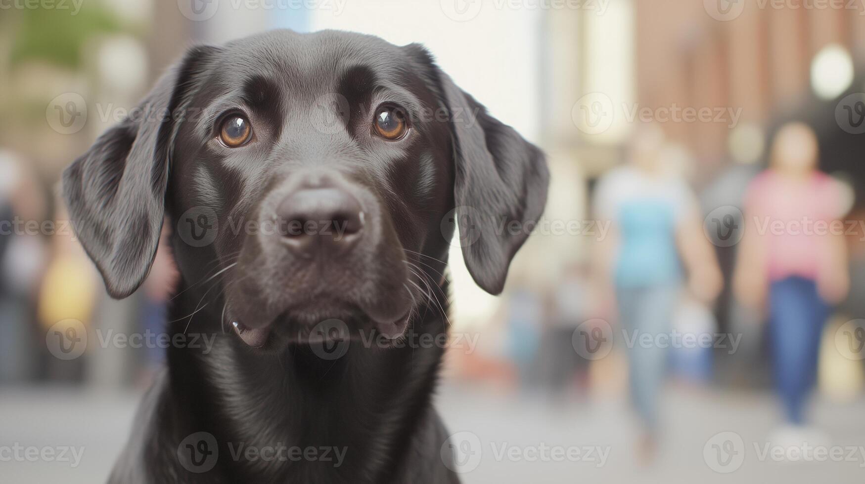 Black Labrador Guide Dog Assisting Owner on City Street in Daylight, Highlighting Canine Companionship and Assistance with Focus on Dog's Expressive Eyes and Glossy Fur photo