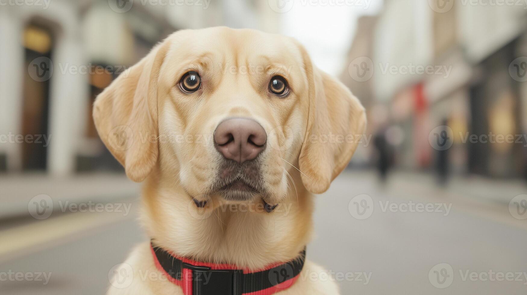 Guide Dog Assisting Owner in Urban Street, Labrador Retriever with Red Harness, Focused Expression photo