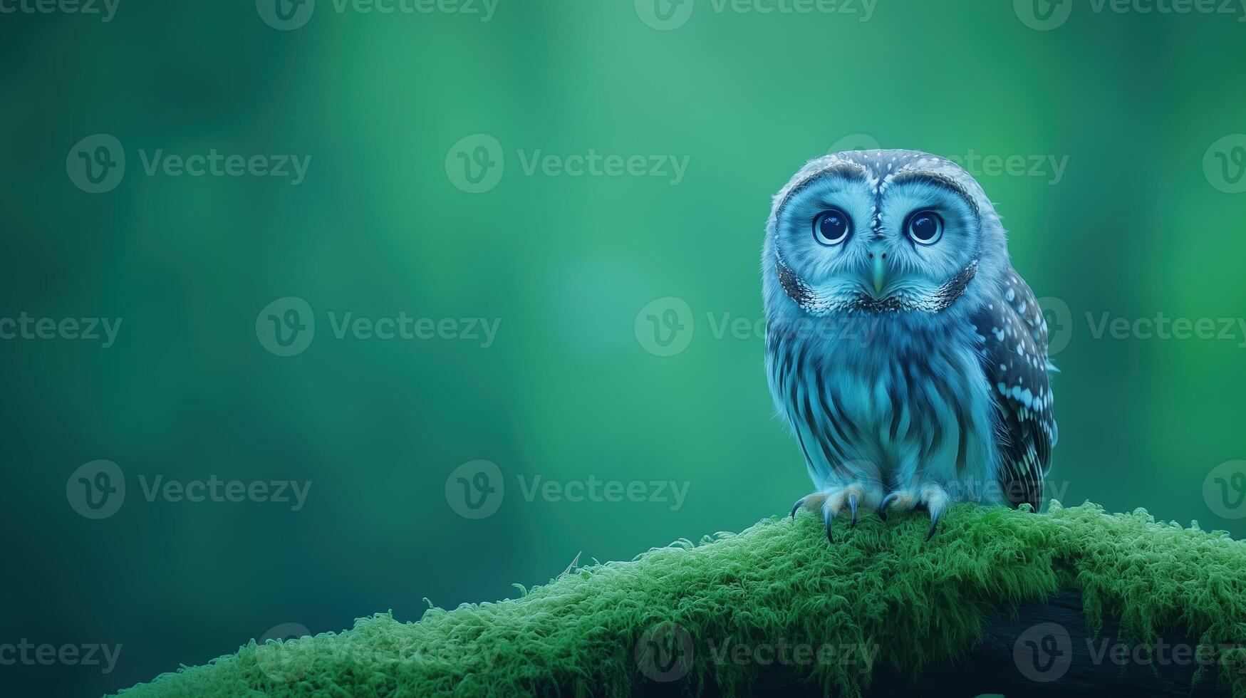 Wise Old Owl Perched on a Moss-Covered Branch in a Dense Forest with Soft Green Hues and Serene Atmosphere in Nature Photography Capturing Tranquil Wildlife Moment for Artistic Inspiration photo