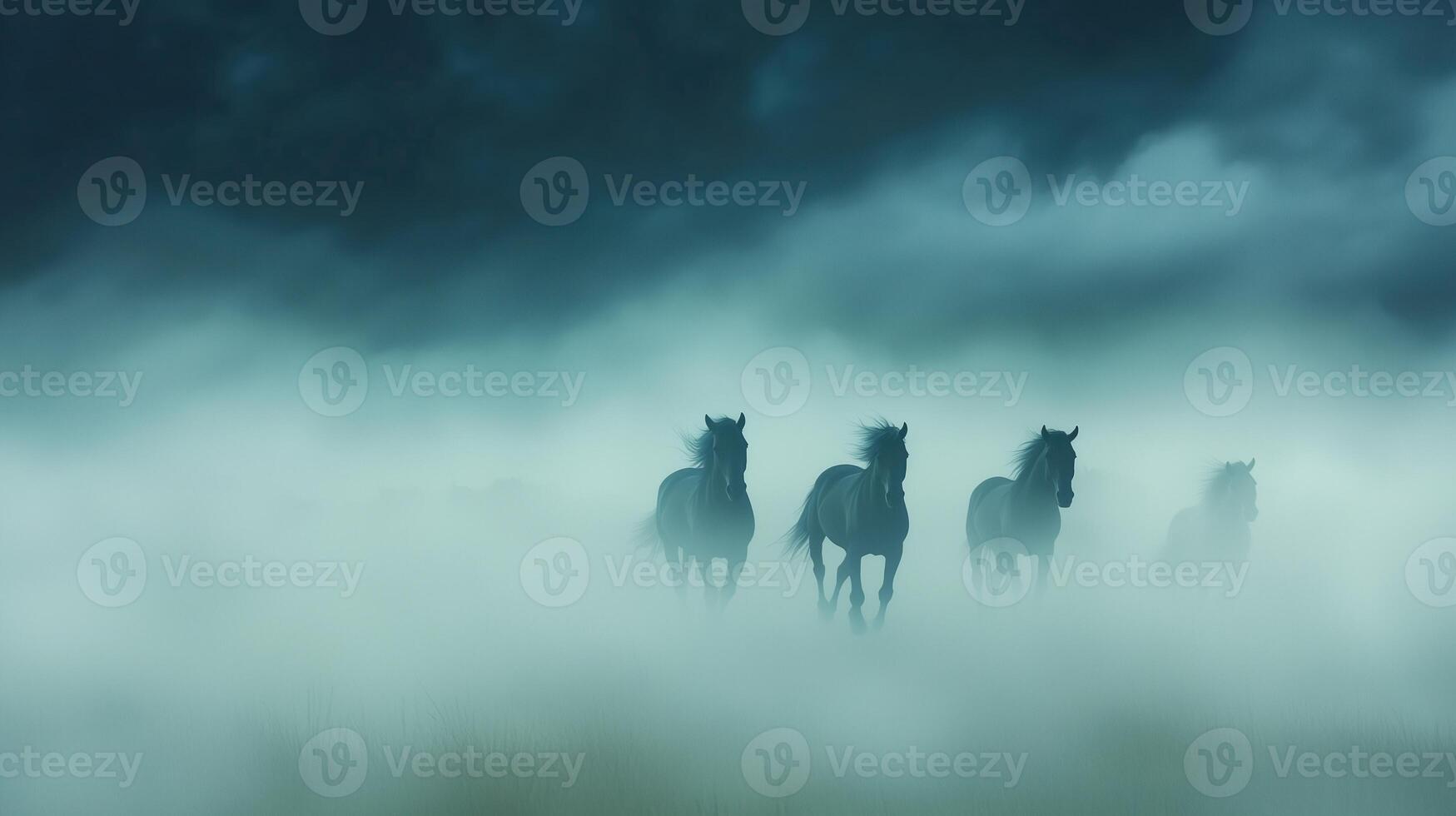 Wild Horses Galloping Through Mystical Mist on Open Plains Under Dramatic Sky Capturing Freedom and Adventure in Nature's Untamed Beauty Highlighting Serenity and Power of Majestic Animals photo