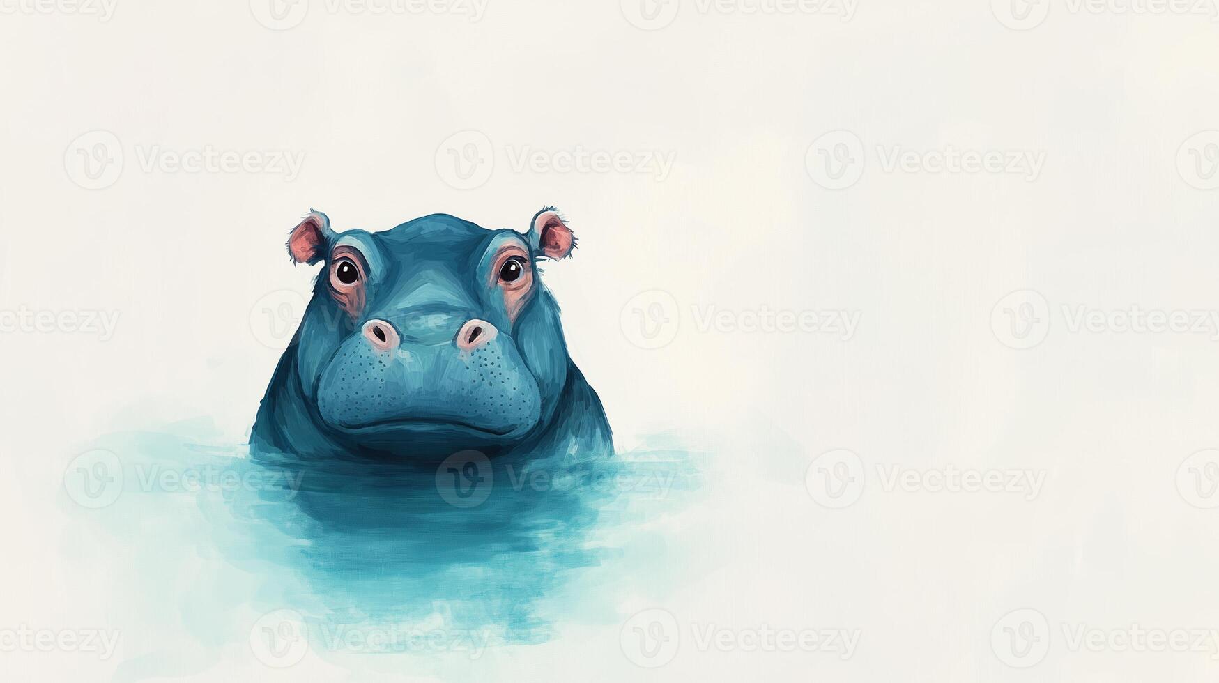 Hippo Partially Submerged in Water, Only Eyes and Ears Visible, Calm Expression, Serene Atmosphere, Artistic Illustration, Cool Color Palette, Minimalist Design, Soft Background, Nature Focus photo