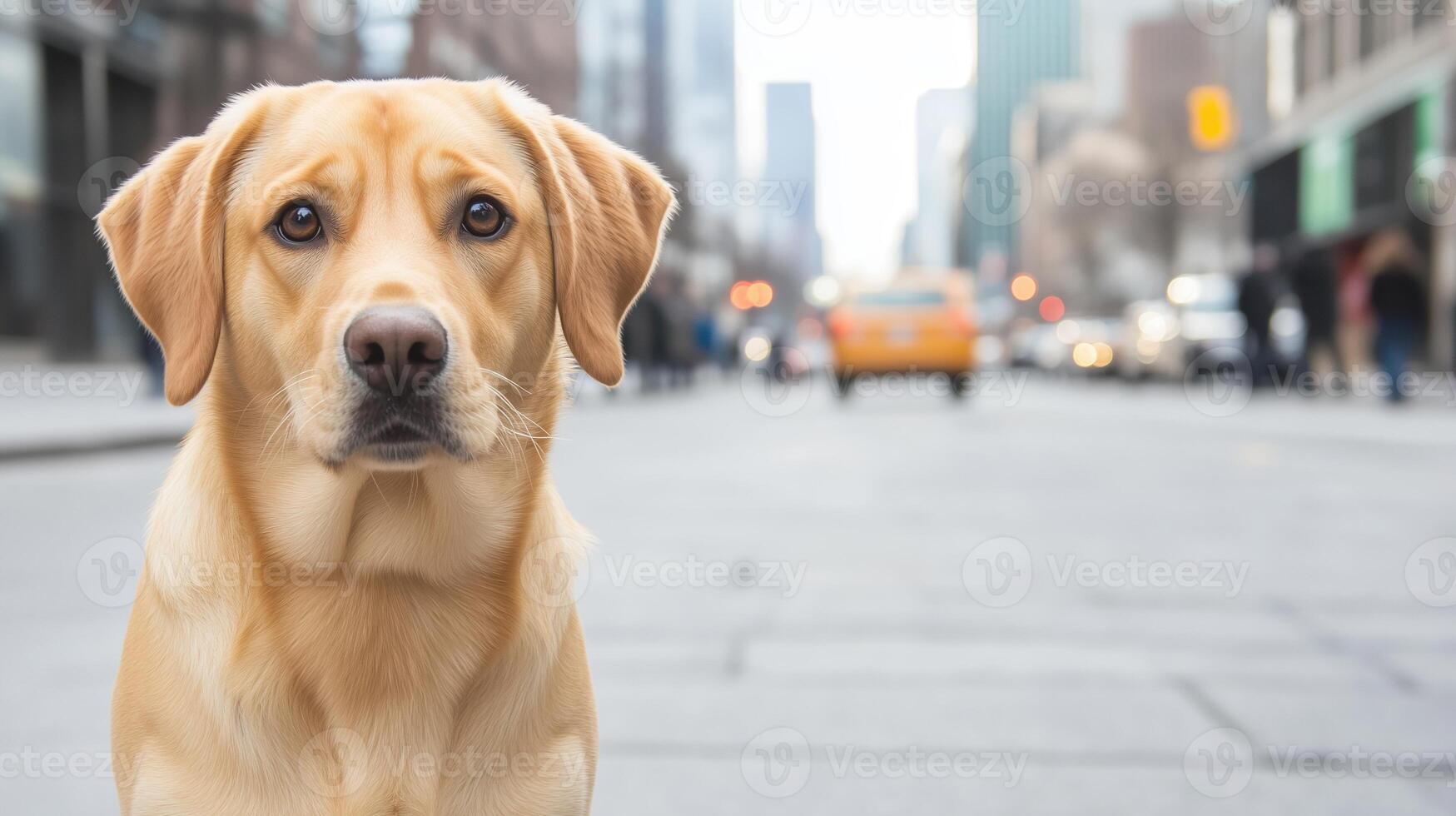 Labrador Guide Dog on Urban Street with City Buildings and Yellow Taxi in Background Demonstrating Service Animal Independence and Human Assistance in Busy Downtown Environment photo