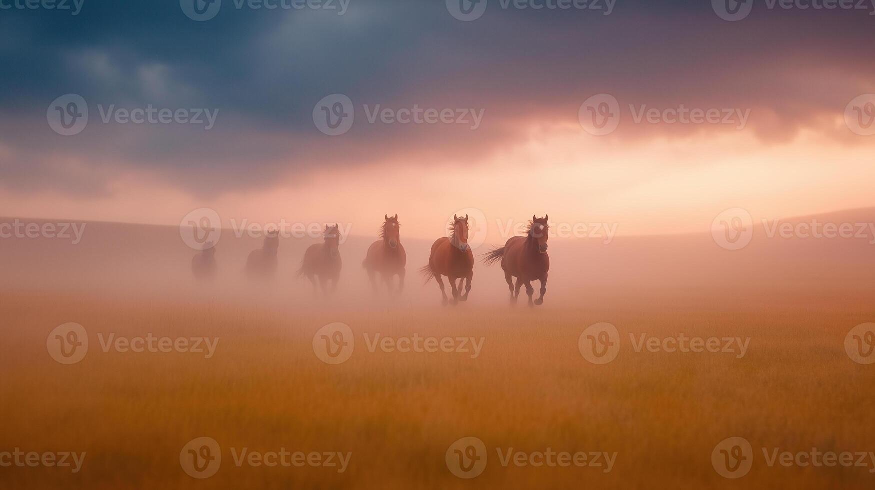 Herd of Wild Horses Galloping Freely Across Open Plains at Sunset Under Dramatic Skies Creating a Sense of Freedom and Adventure in a Misty Meadow Landscape Scene with Dreamy Atmosphere photo