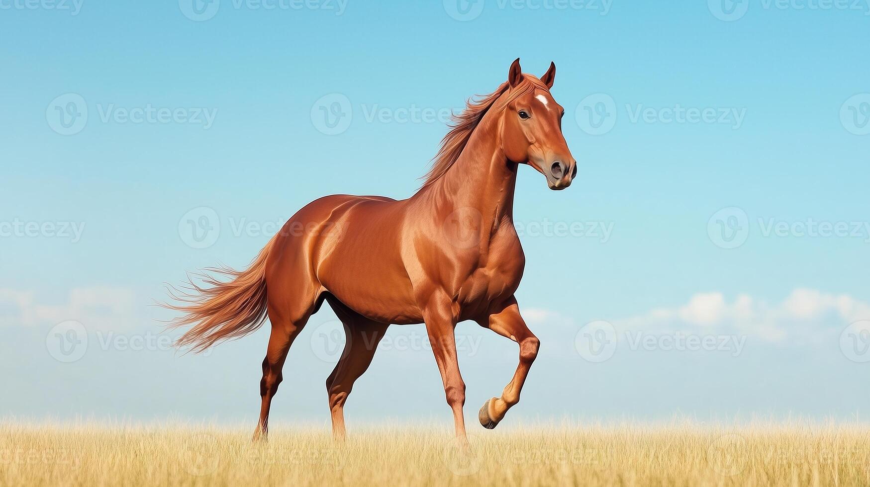 Majestic Chestnut Horse Galloping Gracefully Across a Sunlit Open Plain with Flowing Mane Against Blue Sky Horizon photo