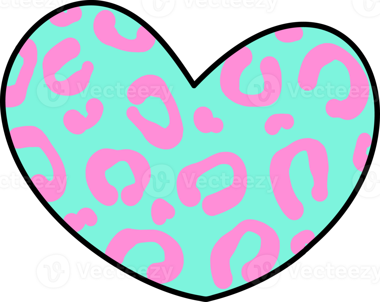 Groovy Retro Mint Leopard Heart Icon Hand Drawn in Bold Style png