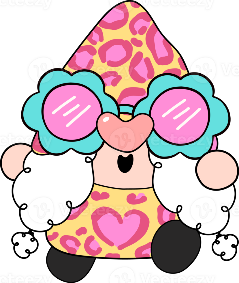 Colorful Groovy Leopard Gnome Cartoon with Funky Glasses in Bold Hand Drawn Style png